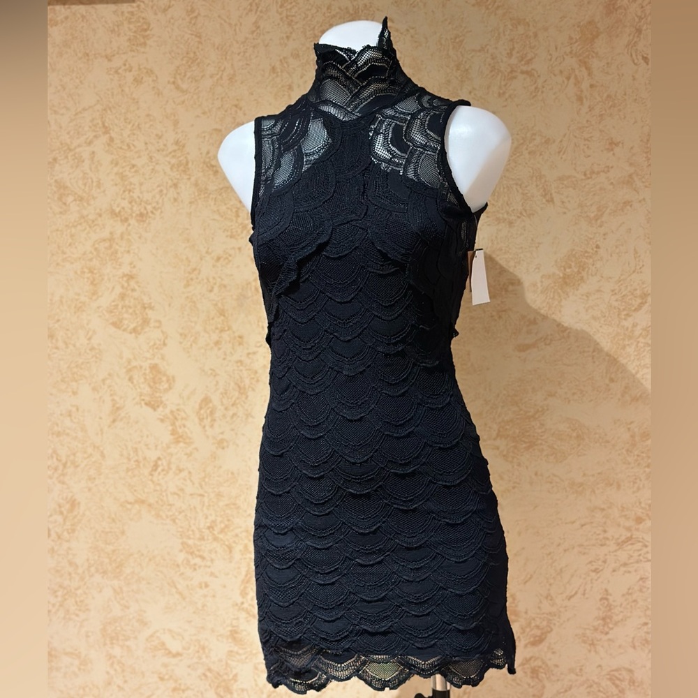 Night Cap, by Carisa Rene - Black Scalloped Lace, Open Back Mini Party Dress